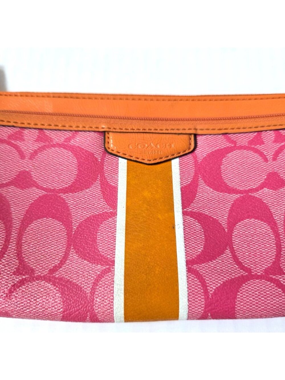 Coach Wallet Pink Orange Signature Stripe Coated Canvas Double Zip Wristlet - Picture 5 of 12